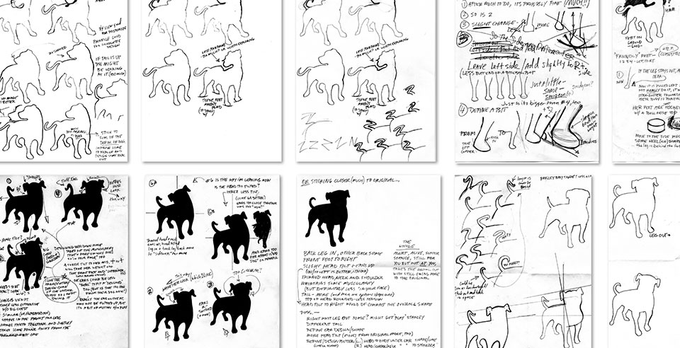 Sketches showing early Zynga logo development focused on dog body language and positions.