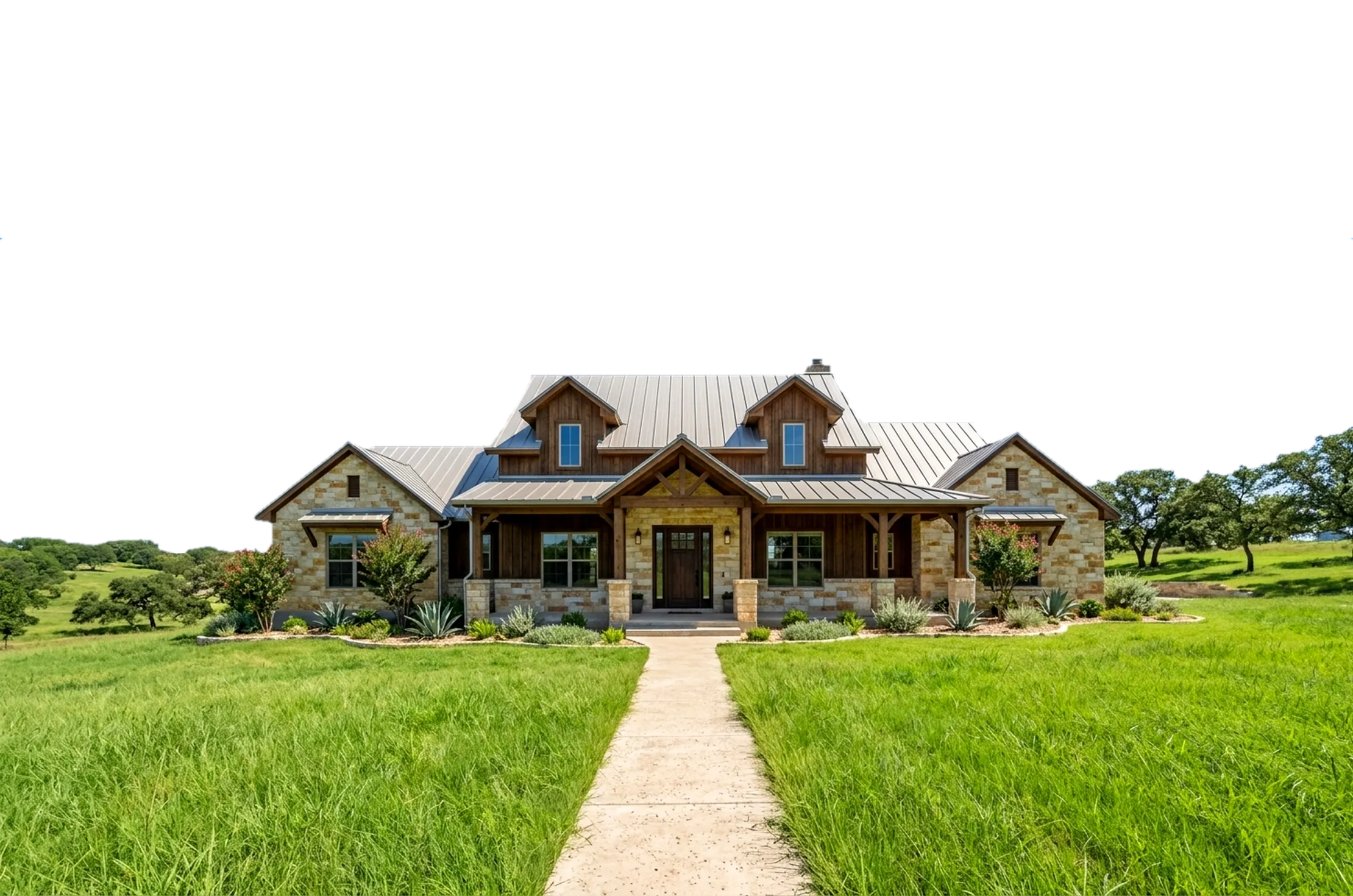 Custom stone and timber home with a lush, healthy green lawn