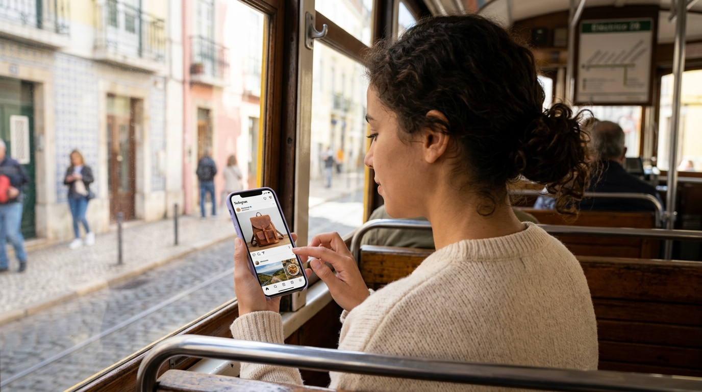 Mulher num elétrico de Lisboa a ver uma publicação patrocinada no feed do telemóvel