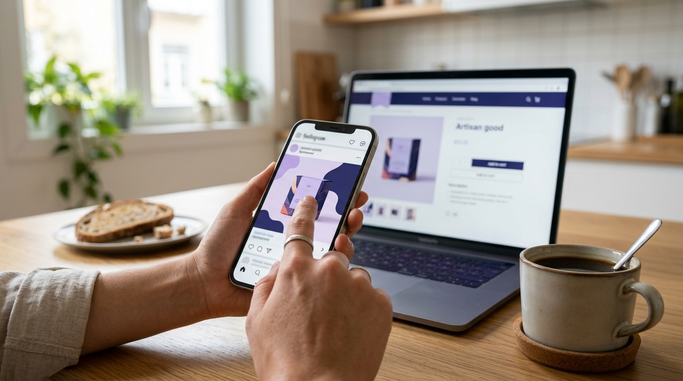 Pessoa toca num anúncio no telemóvel com a página do produto aberta no portátil