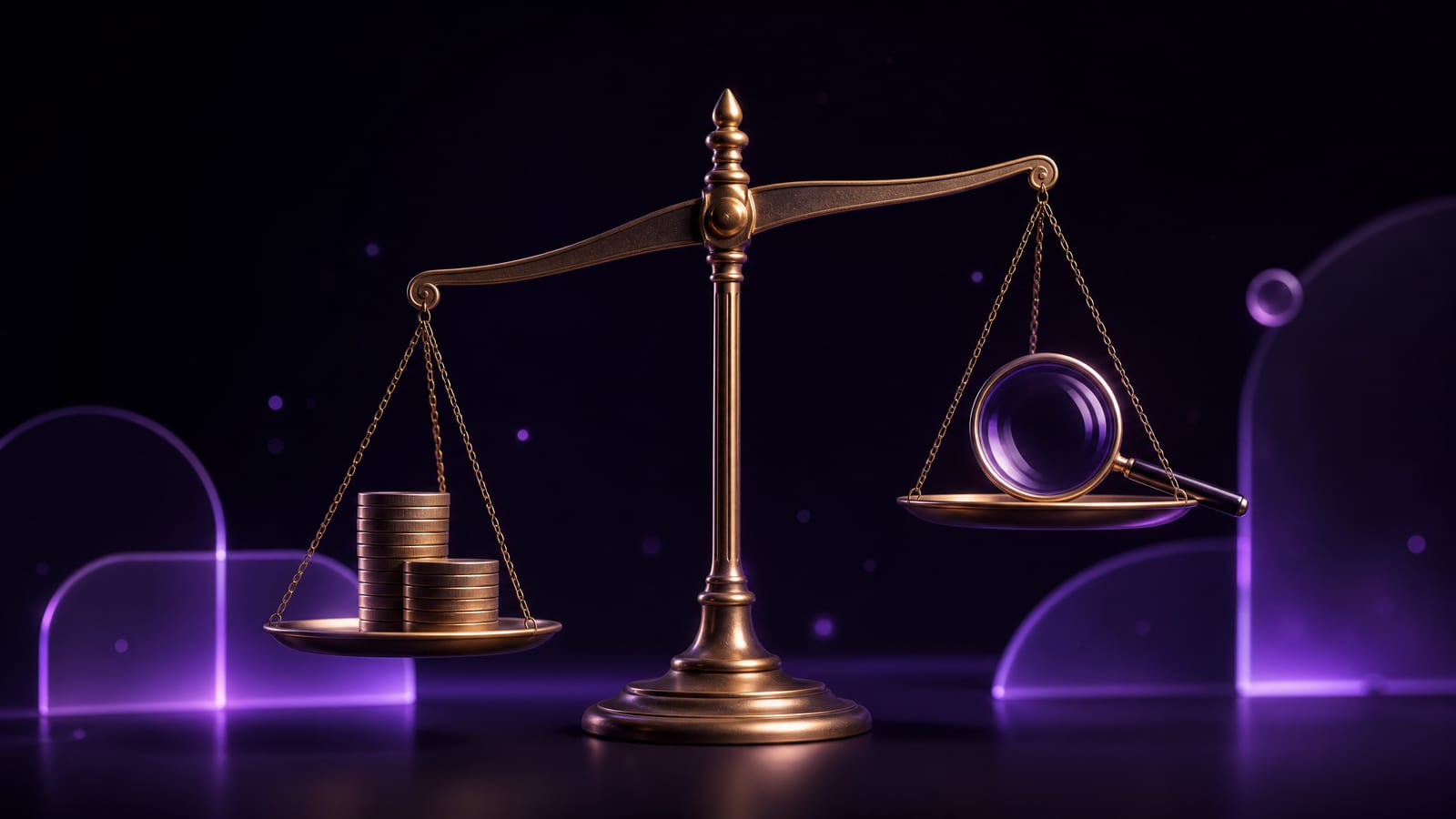 Balança com moedas e uma lupa, a representar o preço do SEO e o equilíbrio entre investimento e visibilidade