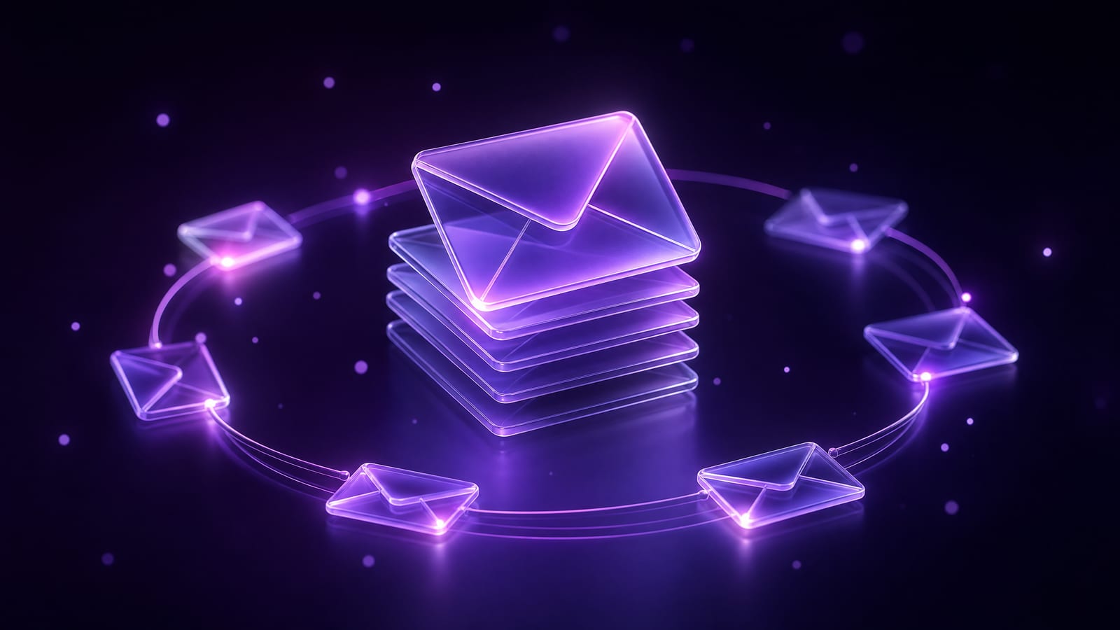Envelopes de vidro ligados por linhas luminosas em ciclo, a representar campanhas e automação de email marketing