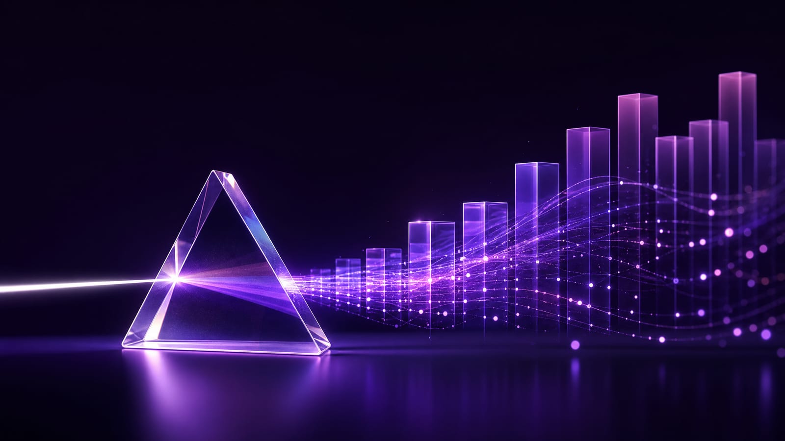 Prisma de vidro a decompor luz em gráficos e fluxos de dados, metáfora da análise no Google Analytics 4