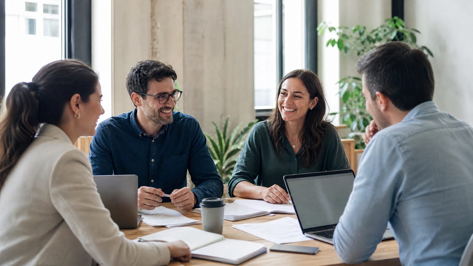 Equipa sorridente em reunião à mesa, com portáteis e papéis, a debater estratégias de email marketing