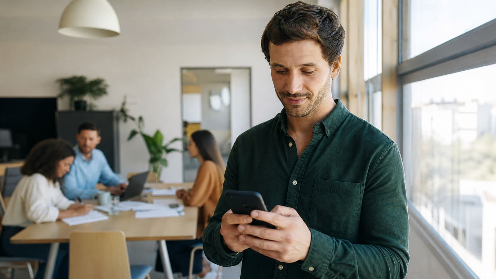 Homem sorri ao usar o WhatsApp Business no telemóvel, num escritório com colegas a trabalhar ao fundo