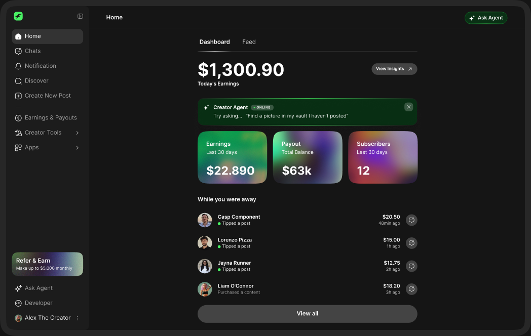 Fanvue creator dashboard showing daily earnings and recent activity