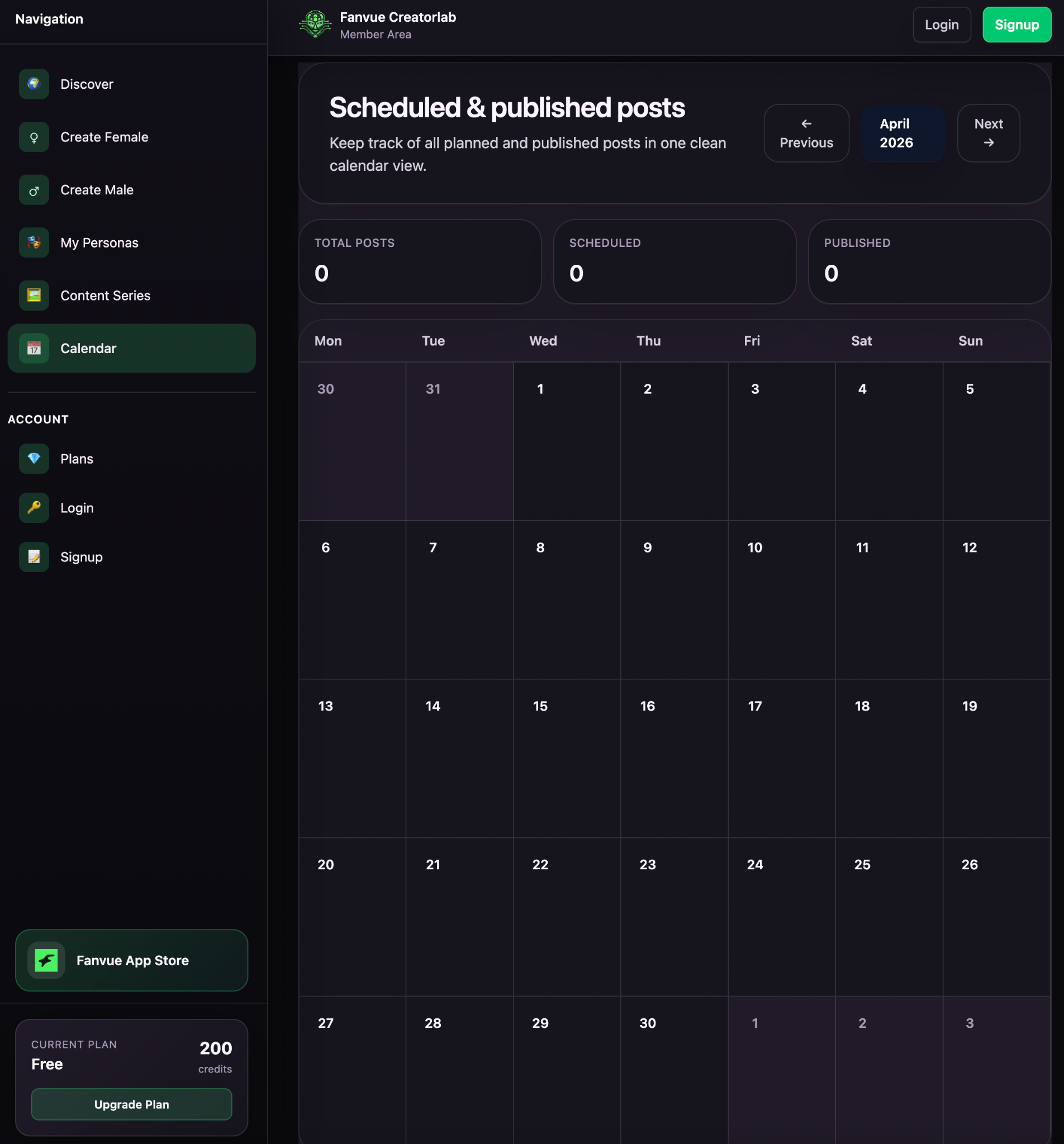 Screenshot of Fanvue Creatorlab’s scheduled and published posts calendar view.