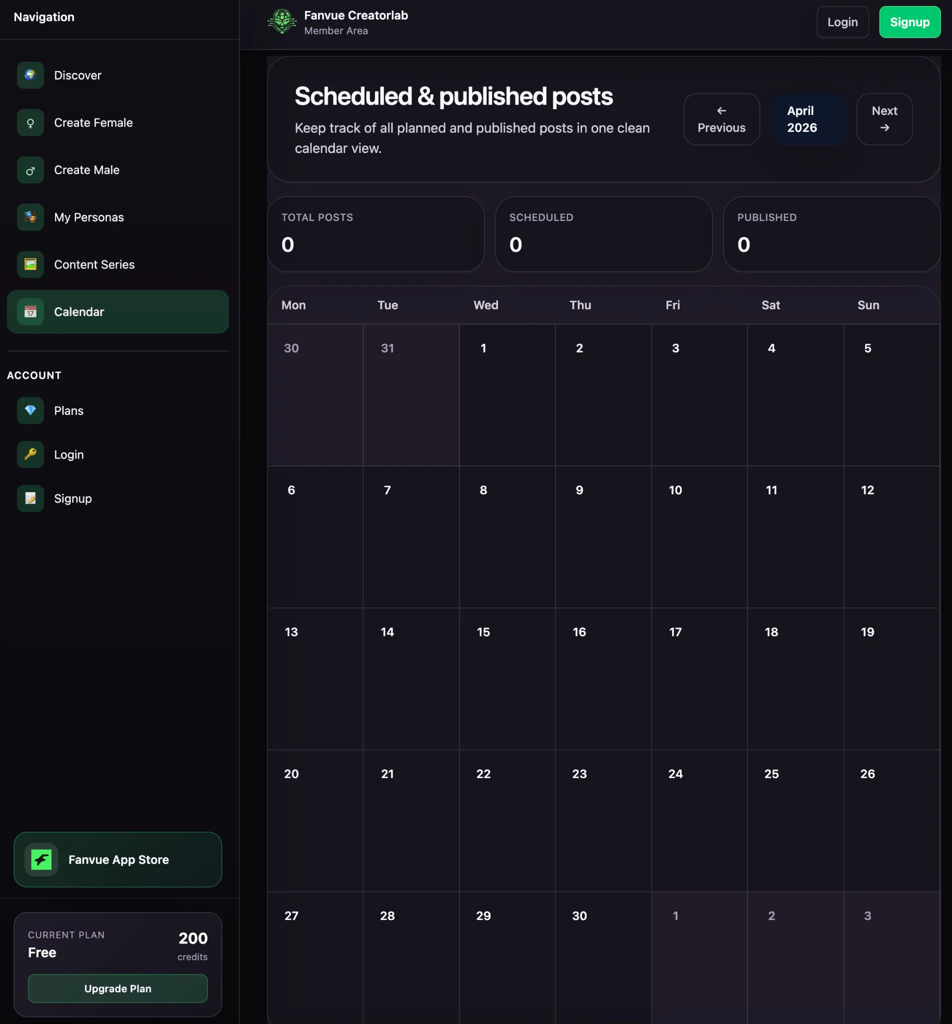 Screenshot of Fanvue Creatorlab’s scheduled and published posts calendar view.