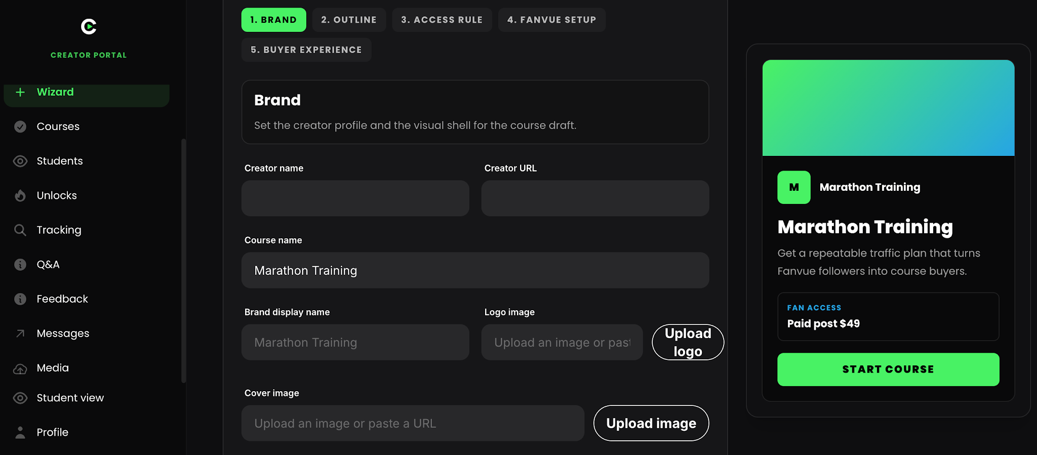 Screenshot of the Creator Class app’s Creator Portal. In the “Brand” tab, you can set the creator profile and the visual shell for the course draft.