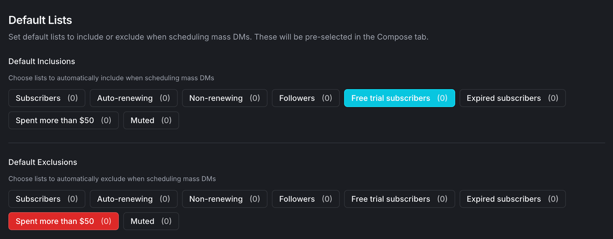 Screenshot of FameDeck’s mass DMs feature, with default inclusion and exclusion lists to choose from.
