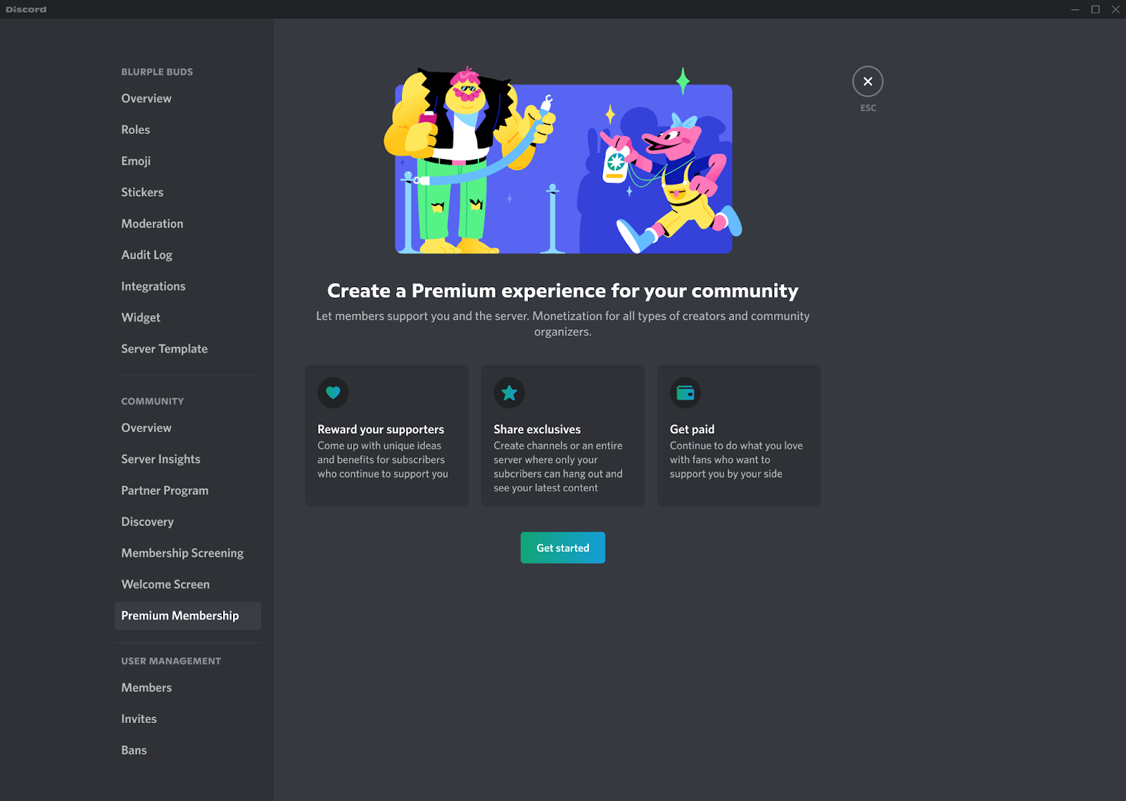 Discord Premium Membership page displaying an overview of subscriber rewards, exclusive content options, and community monetization features.