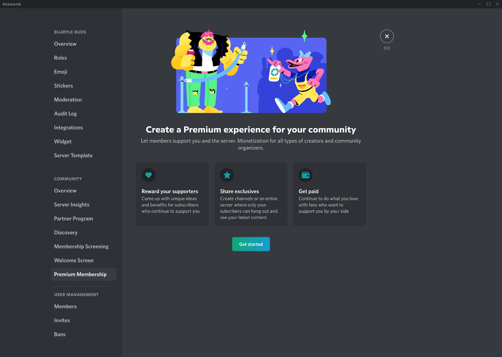 Discord Premium Membership page displaying an overview of subscriber rewards, exclusive content options, and community monetization features.