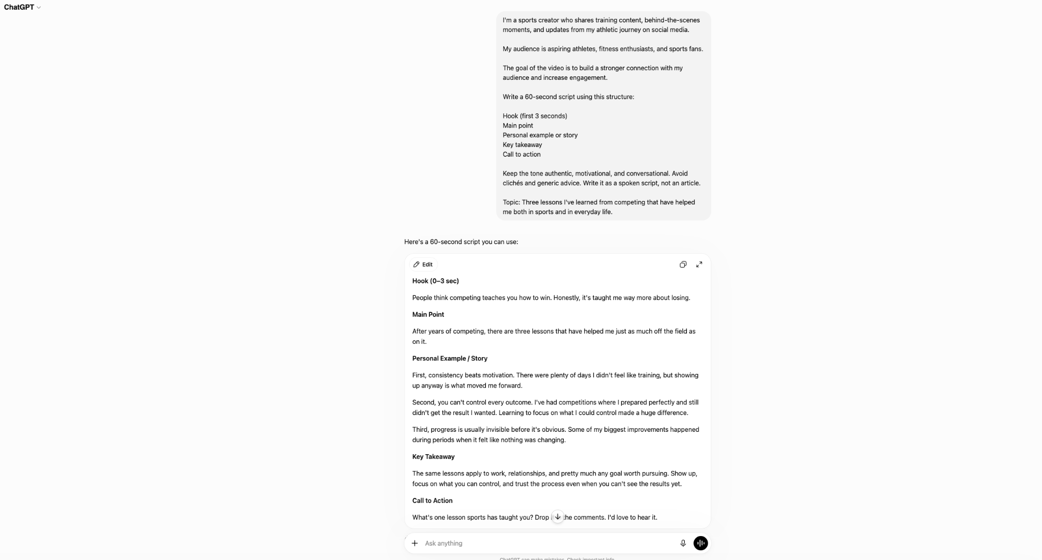 ChatGPT generating a social media video script from a user prompt.