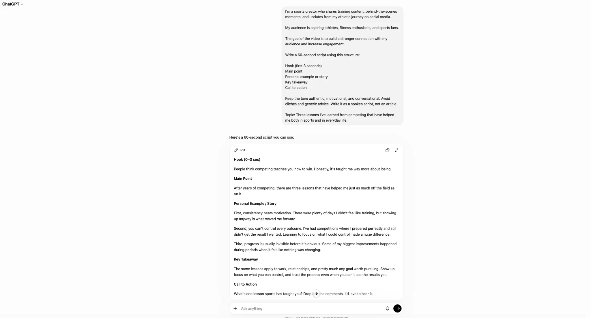 ChatGPT generating a social media video script from a user prompt.