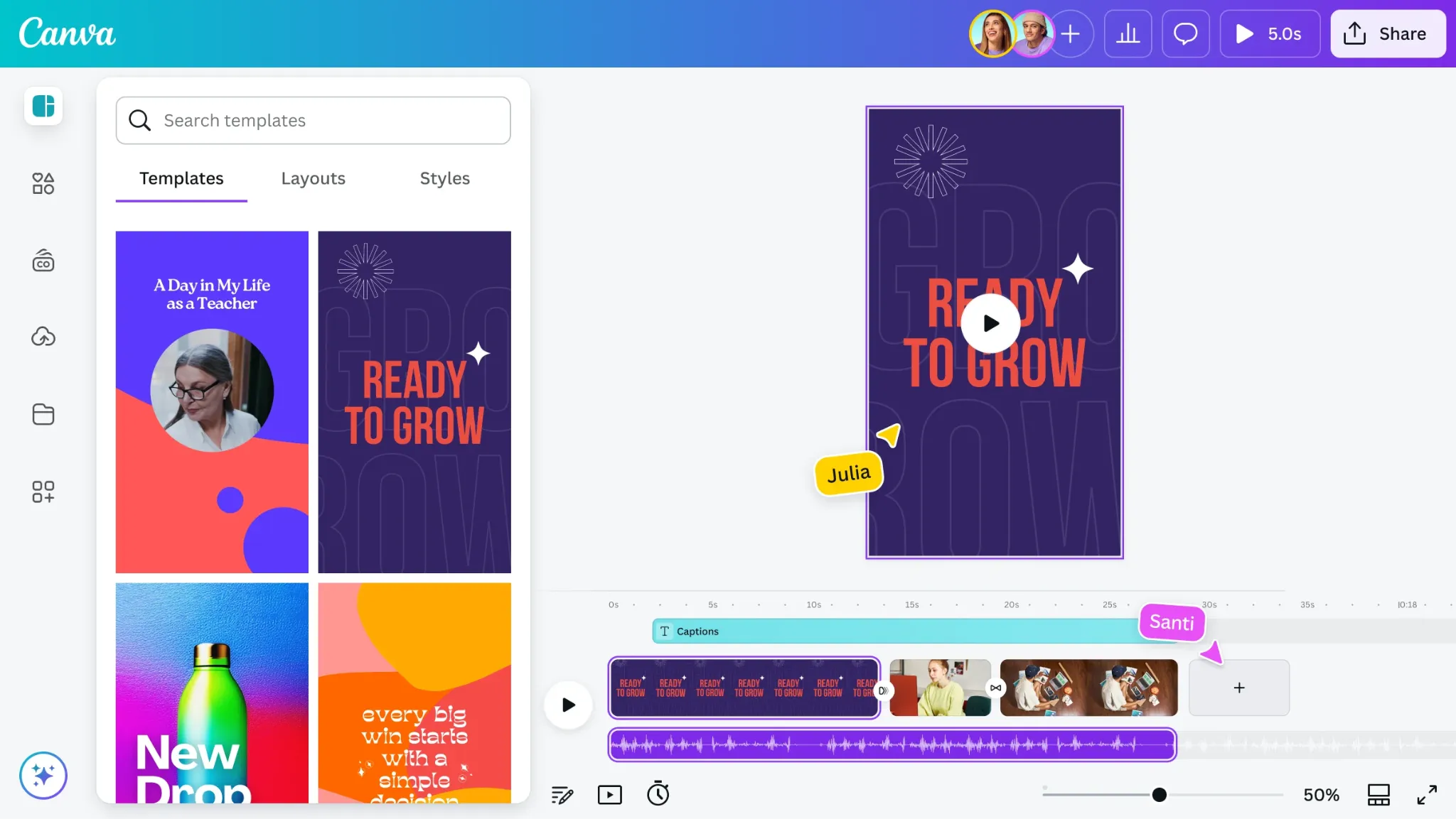 Canva editor with customizable design templates, video editing tools, and a content timeline.