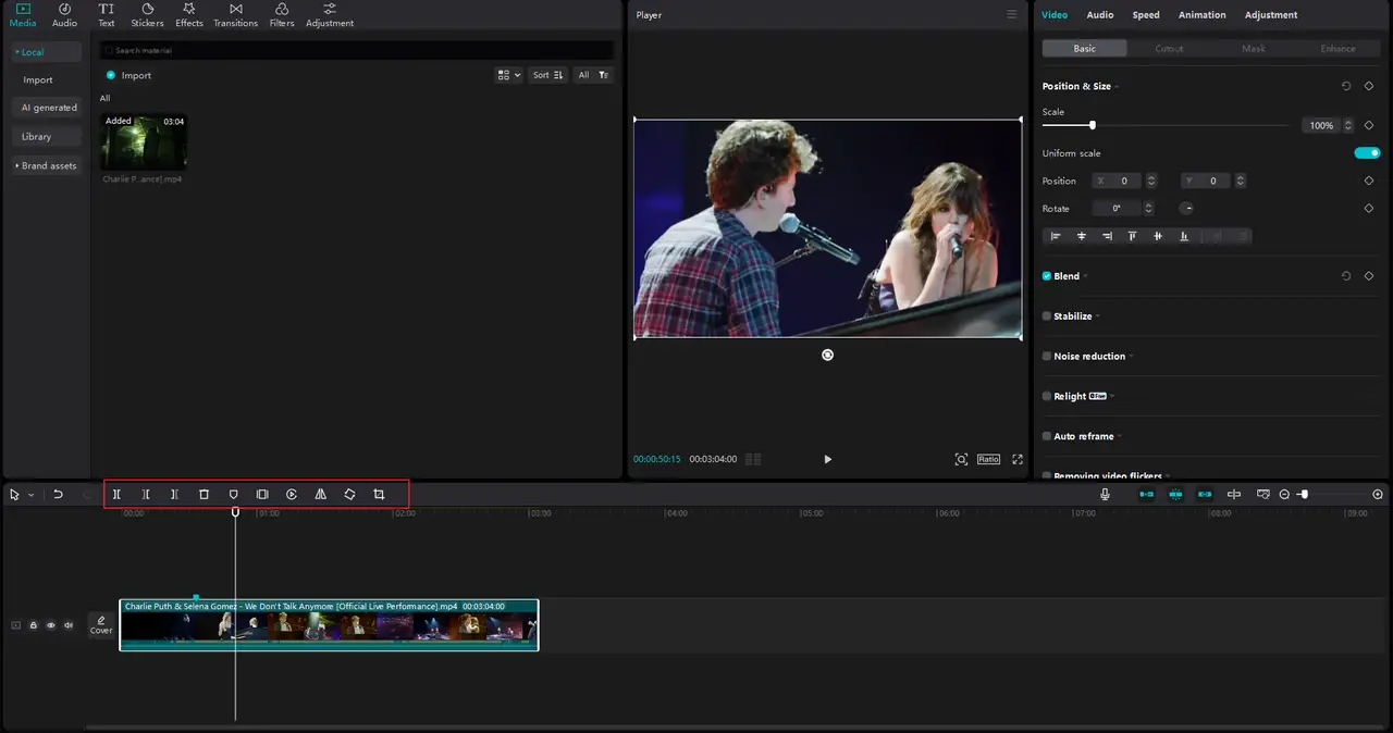 CapCut video editor displaying media assets, editing tools, a video preview, and a timeline workspace.