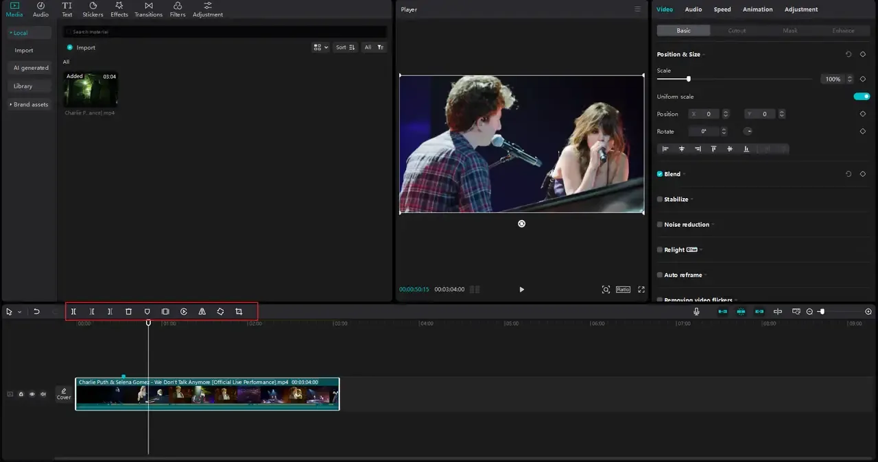 CapCut video editor displaying media assets, editing tools, a video preview, and a timeline workspace.