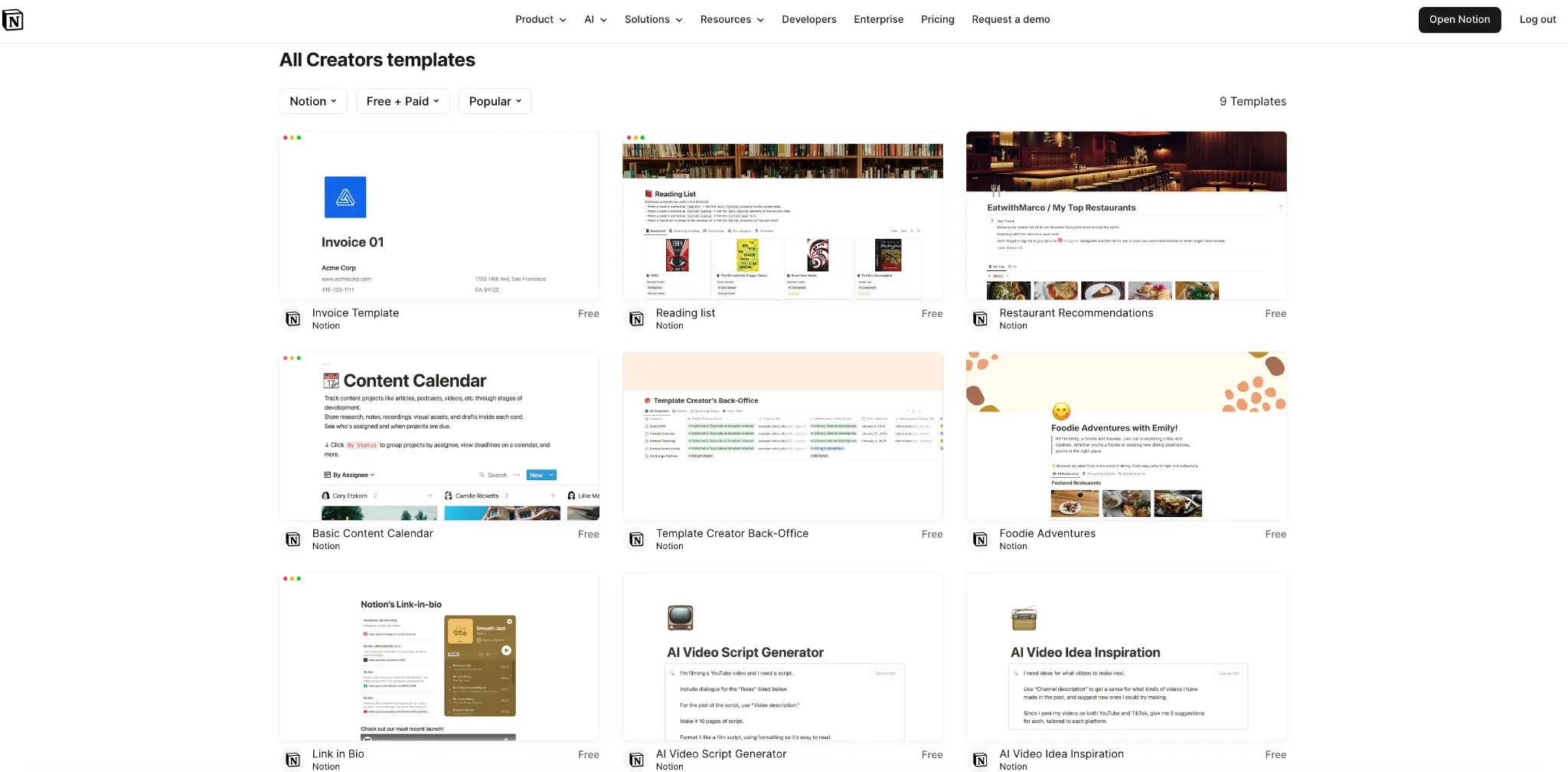 Notion template gallery displaying creator templates, including content calendars, video planning tools, and workflow management systems.
