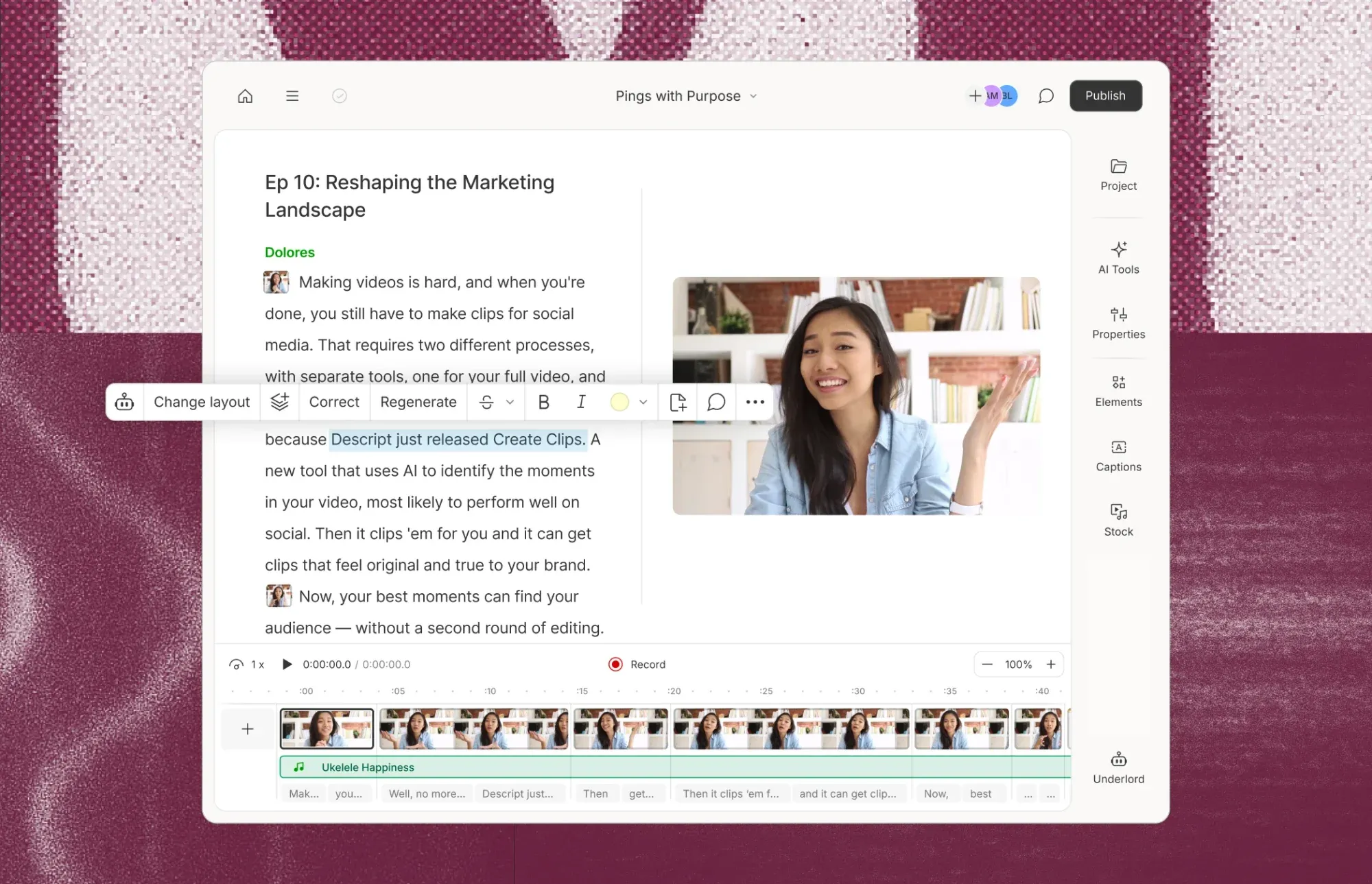 Descript editor combining a video transcript, video preview, and timeline for text-based video editing.
