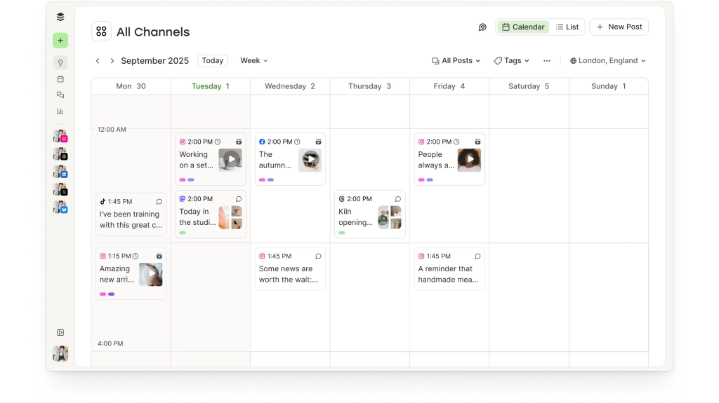 Buffer content calendar showing scheduled social media posts across multiple channels.