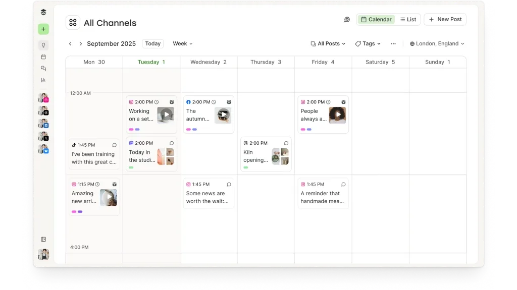 Buffer content calendar showing scheduled social media posts across multiple channels.