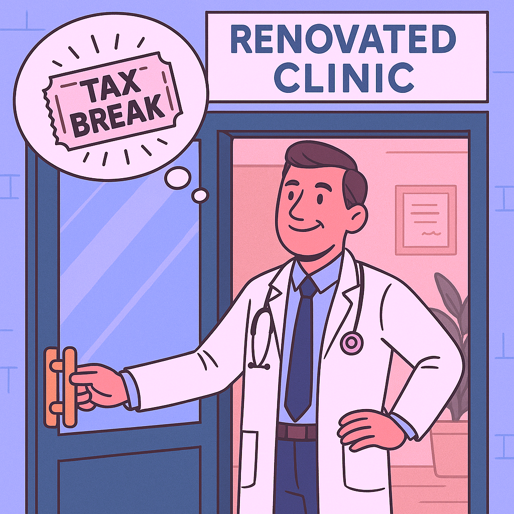Smiling doctor outside renovated clinic after receiving a tax break from understanding the One Big Beautiful Bill Act
