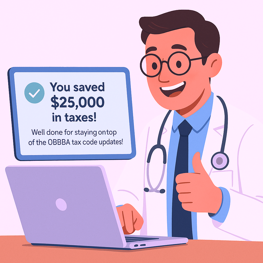 Smiling doctor relieved after securing tax savings by understanding new tax changes from the One Big Beautiful Bill Act