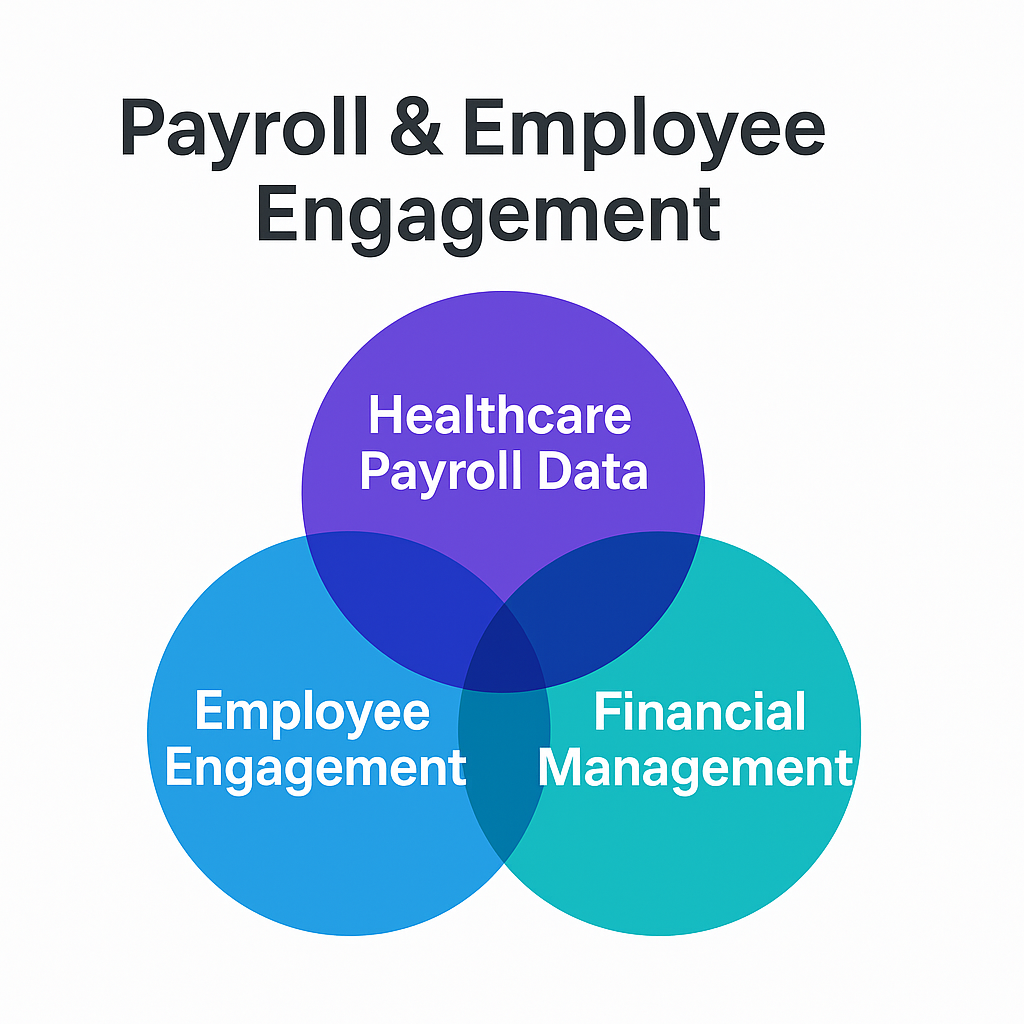Graphic showing the connection between healthcare payroll data, employee engagement, and financial management to streamline HR and finance for providers.