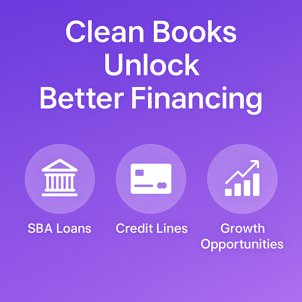 Graphic with headline “Clean Books = Better Financing,” arrows pointing to SBA loans, credit lines, and growth opportunities, highlighting the importance of healthcare finance accounting.