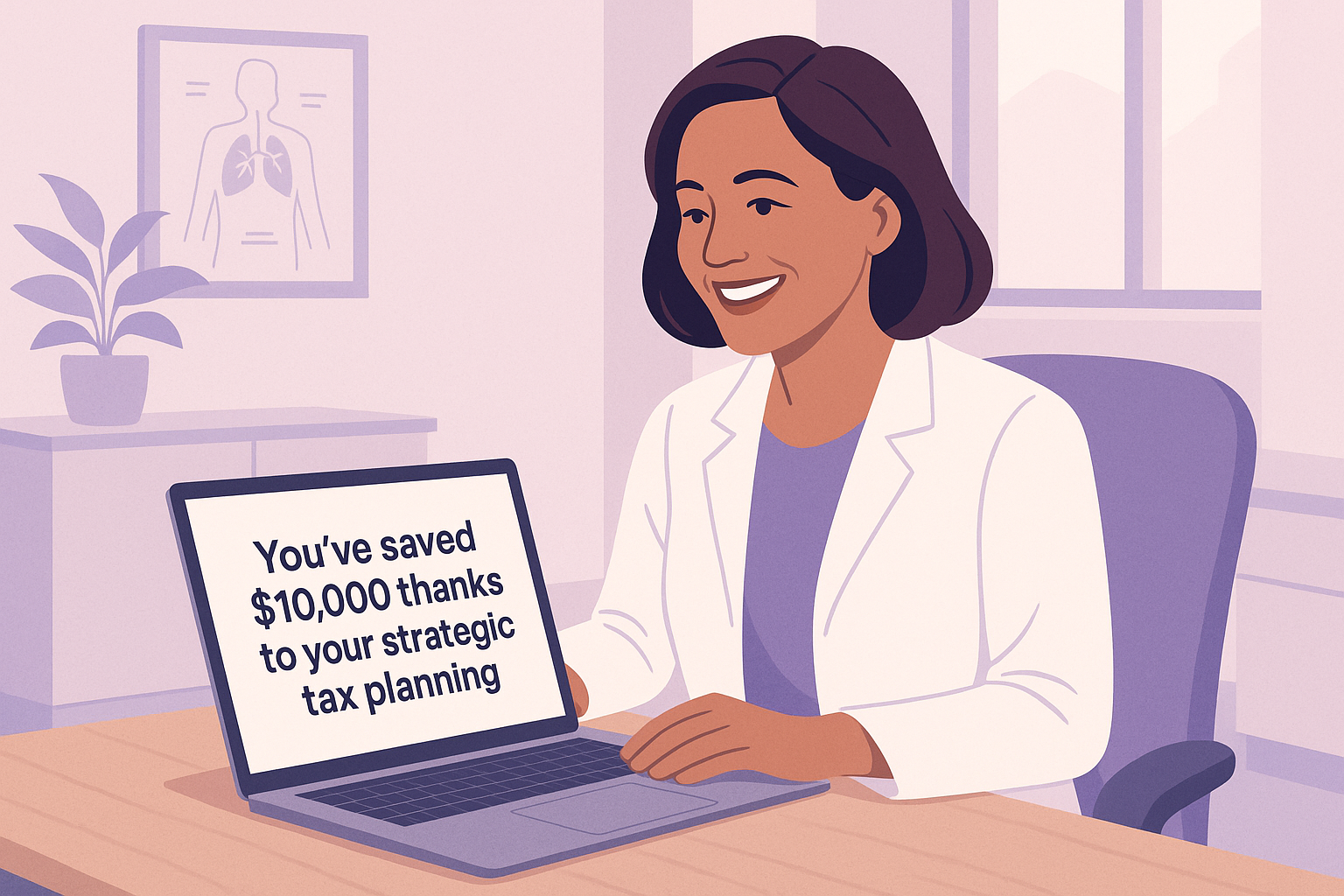 Smiling private medical practice owner reviewing laptop message showing $10,000 saved through strategic tax planning.