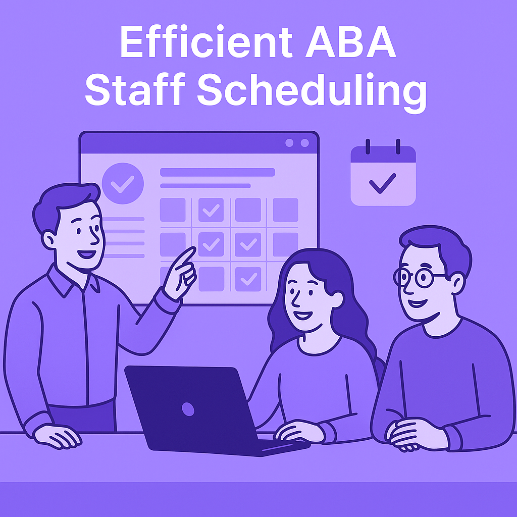 ABA clinic team reviewing scheduling workflows together on a digital screen, illustrating efficient ABA staff scheduling in a Flychain-inspired purple color palette.