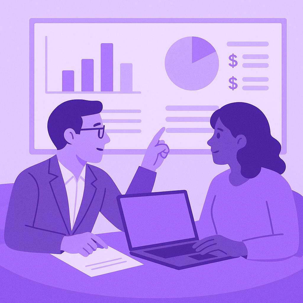 A financial advisor and an ABA clinic owner reviewing financial dashboards together in a Flychain-inspired purple palette, illustrating how ABA clinic efficiency tools connect operational accuracy with financial clarity.