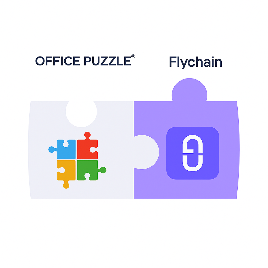  Logos of Flychain and Office Puzzle displayed side by side, highlighting that the partnership of these two ABA tools help ABA practices operate more efficiently and sustainably.