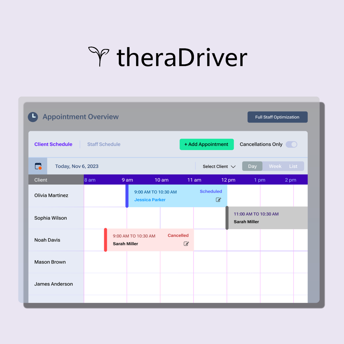 Example screenshot of TheraDriver’s ABA scheduling interface with staff availability, client sessions, and real-time schedule management tools.