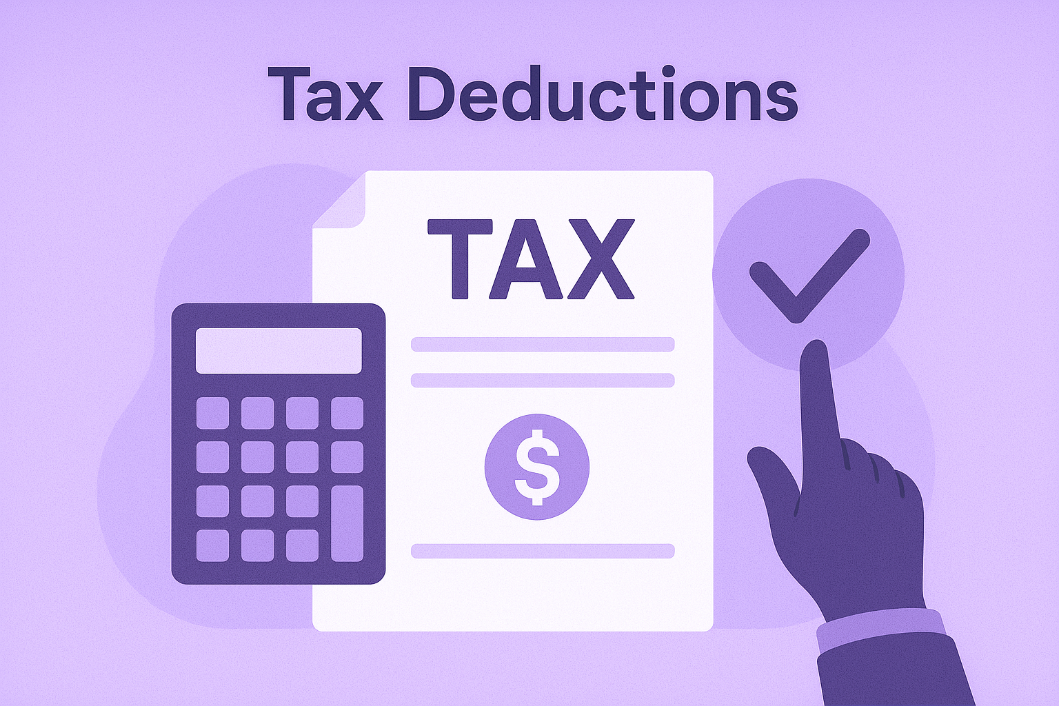 An illustration titled 'Tax Deductions.' A hand with a pointing finger is selecting a checkmark over a tax document with a dollar sign icon, next to a calculator. The image symbolizes the critical step of accurately calculating and claiming tax deductions, a key function of both general and specialized medical accounting services.