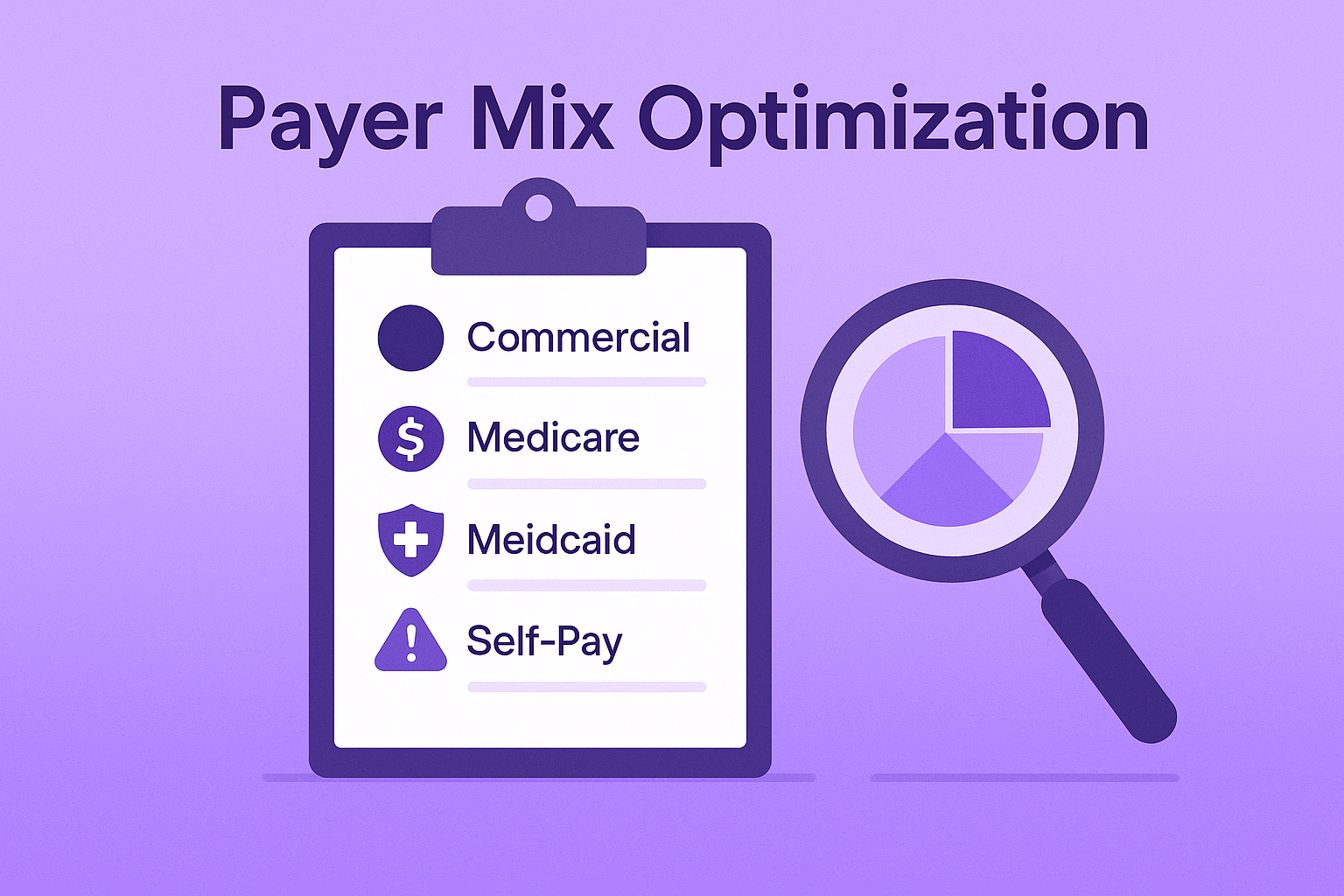 An illustration titled 'Payer Mix Optimization.' The image displays a clipboard listing the four main payer categories: Commercial, Medicare, Medicaid, and Self-Pay. A magnifying glass is shown examining a pie chart, illustrating the analysis required to optimize a medical practice's financial mix and revenue cycle, and the importance of accounting for healthcare industry