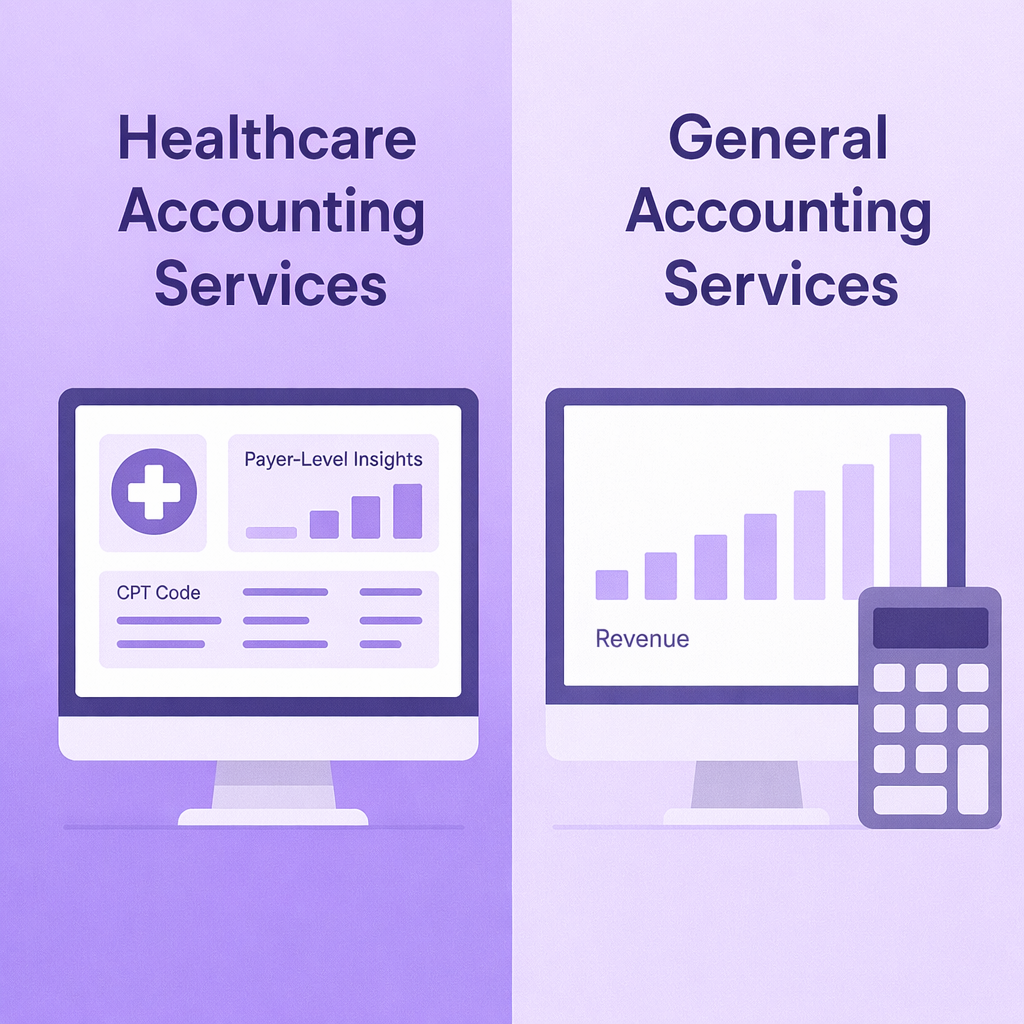An illustration comparing 'Healthcare Accounting Services' on the left and 'General Accounting Services' on the right. The healthcare monitor displays specific data like 'CPT Code' and 'Payer-Level Insights,' while the general accounting monitor displays a