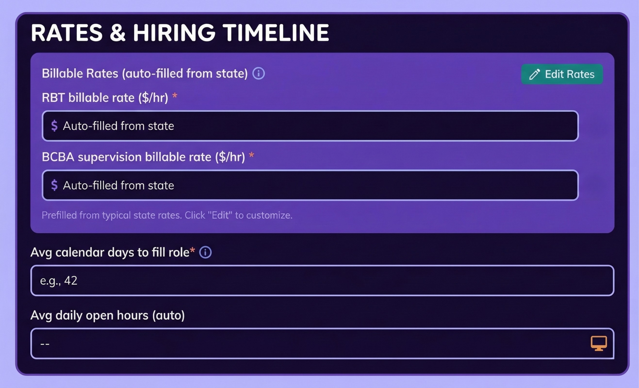 ABA staff retention calculator showing RBT billable rates, BCBA supervision billable rate, and average days to fill role inputs