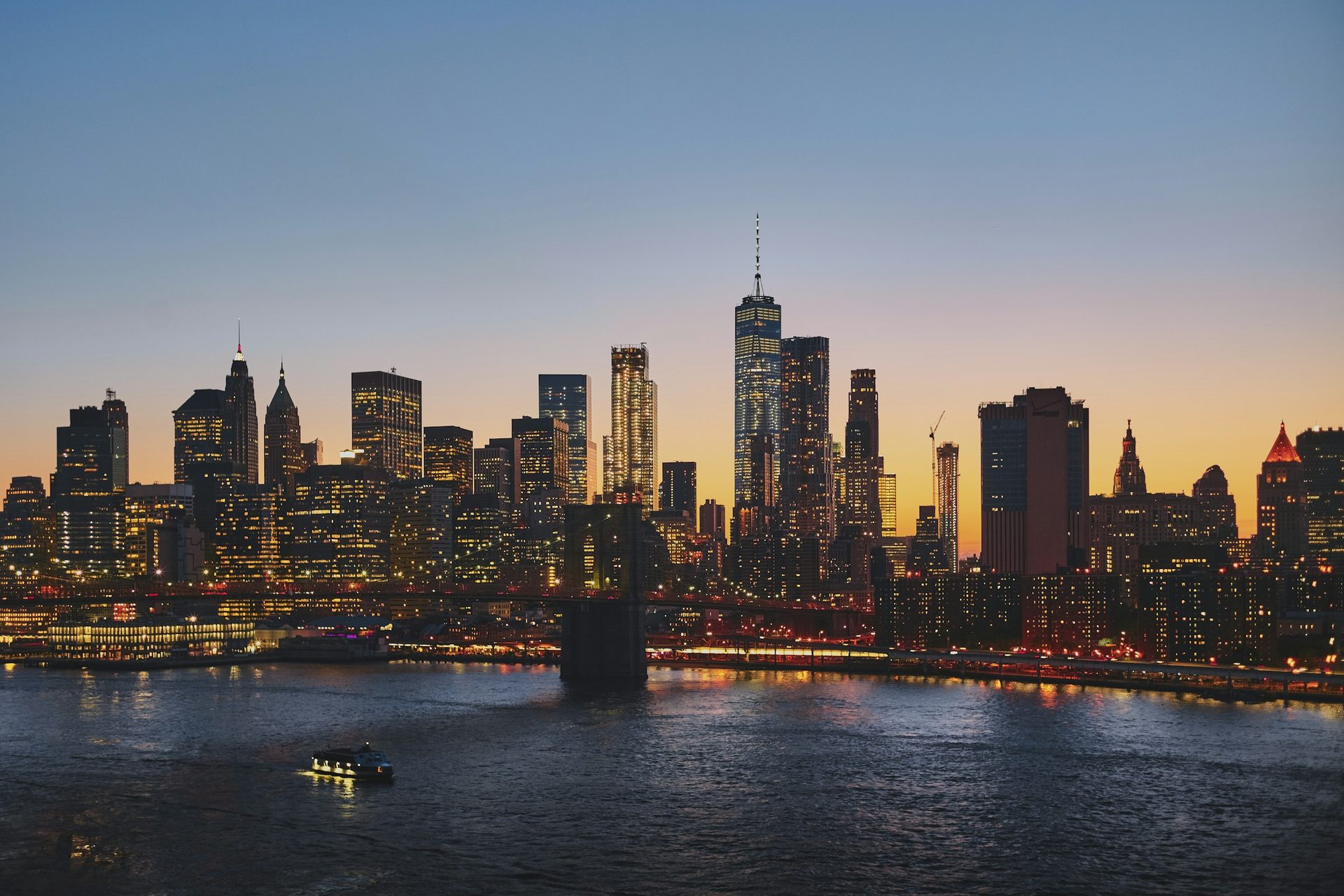 Lower Manhattan skyline at dusk