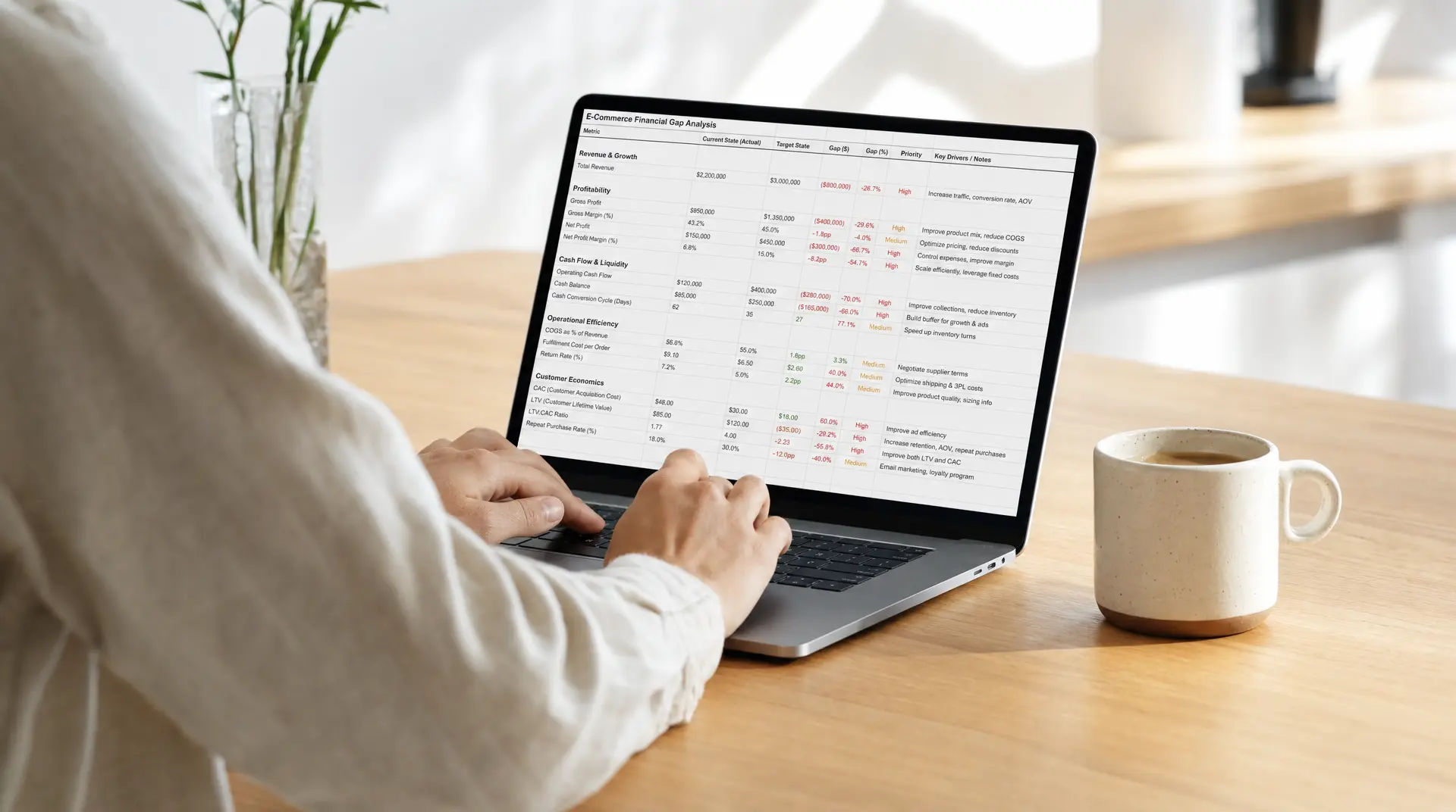 Hand using a laptop showing cash flow vs revenue targets and gap analysis for an ecommerce business, with a coffee mug on the desk.
