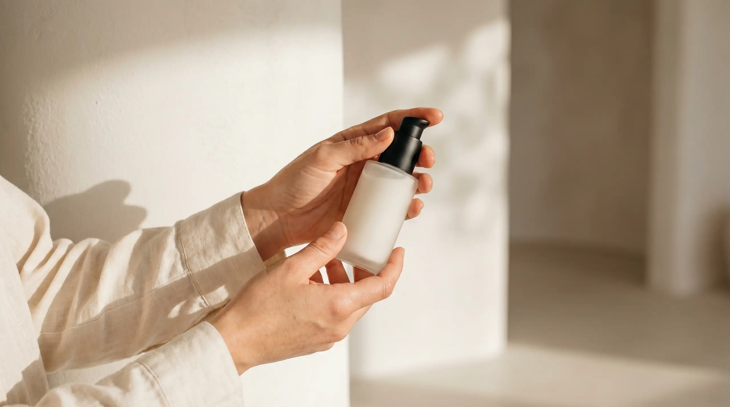 A person in a light-colored shirt holds a white plastic pump bottle with a black dispenser, with sunlight casting soft shadows on a wall in the background.