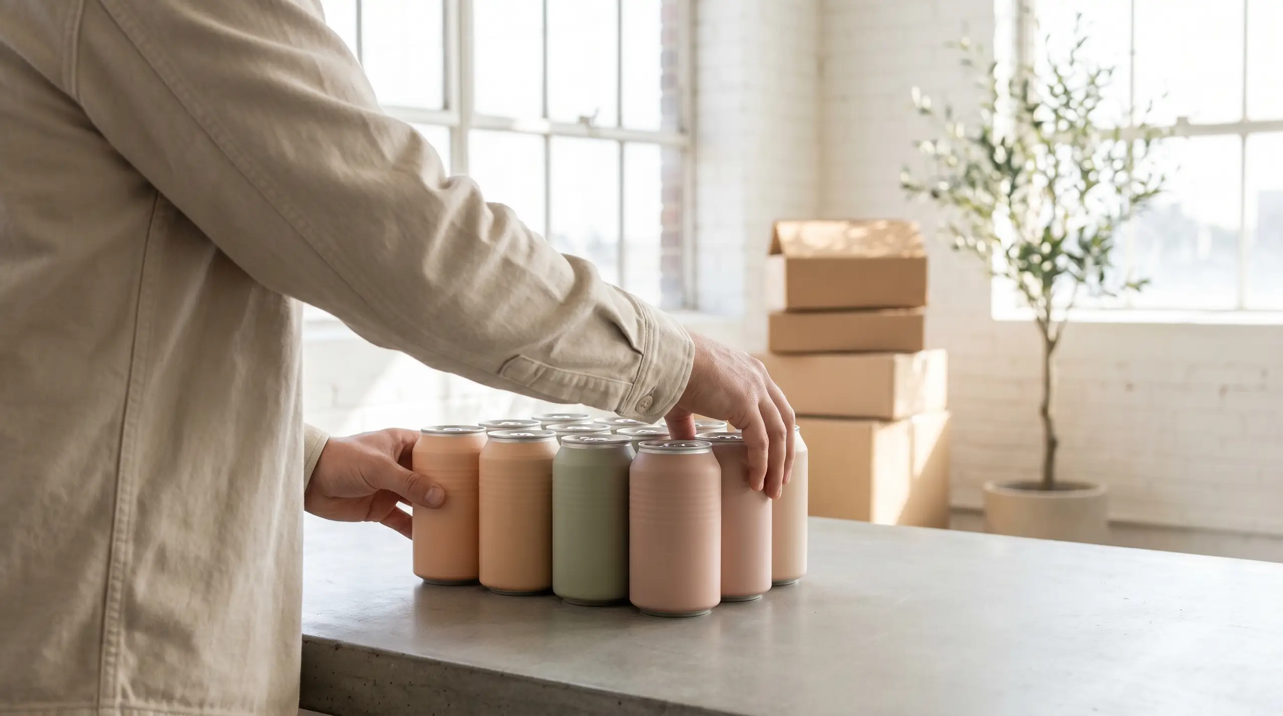 A person in a light jacket reaches to arrange several reusable drink cans in different colors on a table. In the softly lit background, cardboard boxes are stacked near a window.