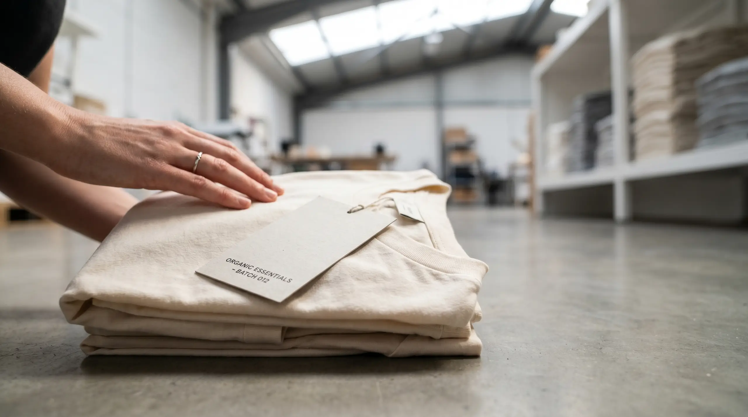 A pair of hands smooth and fold folded cream-colored clothing or fabric bundles on a worktable in a workshop. A folded paper label on the fabric reads "ORGANIC ESSENTIALS" and "BATCH 012."