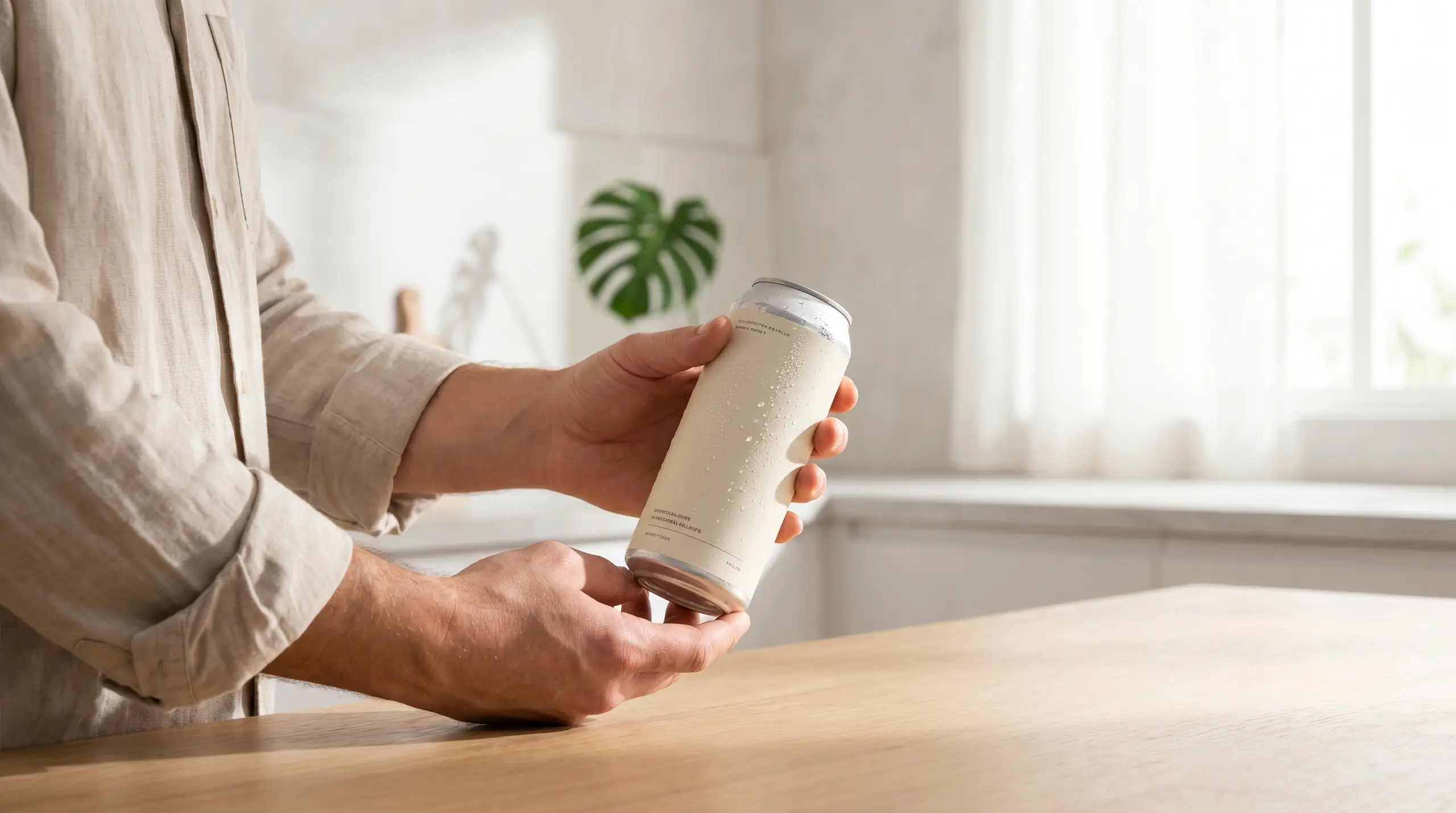 Two hands in light-colored sleeves hold a chilled aluminum drink can with condensation in a bright living room. A window and a green potted plant are blurred in the background.