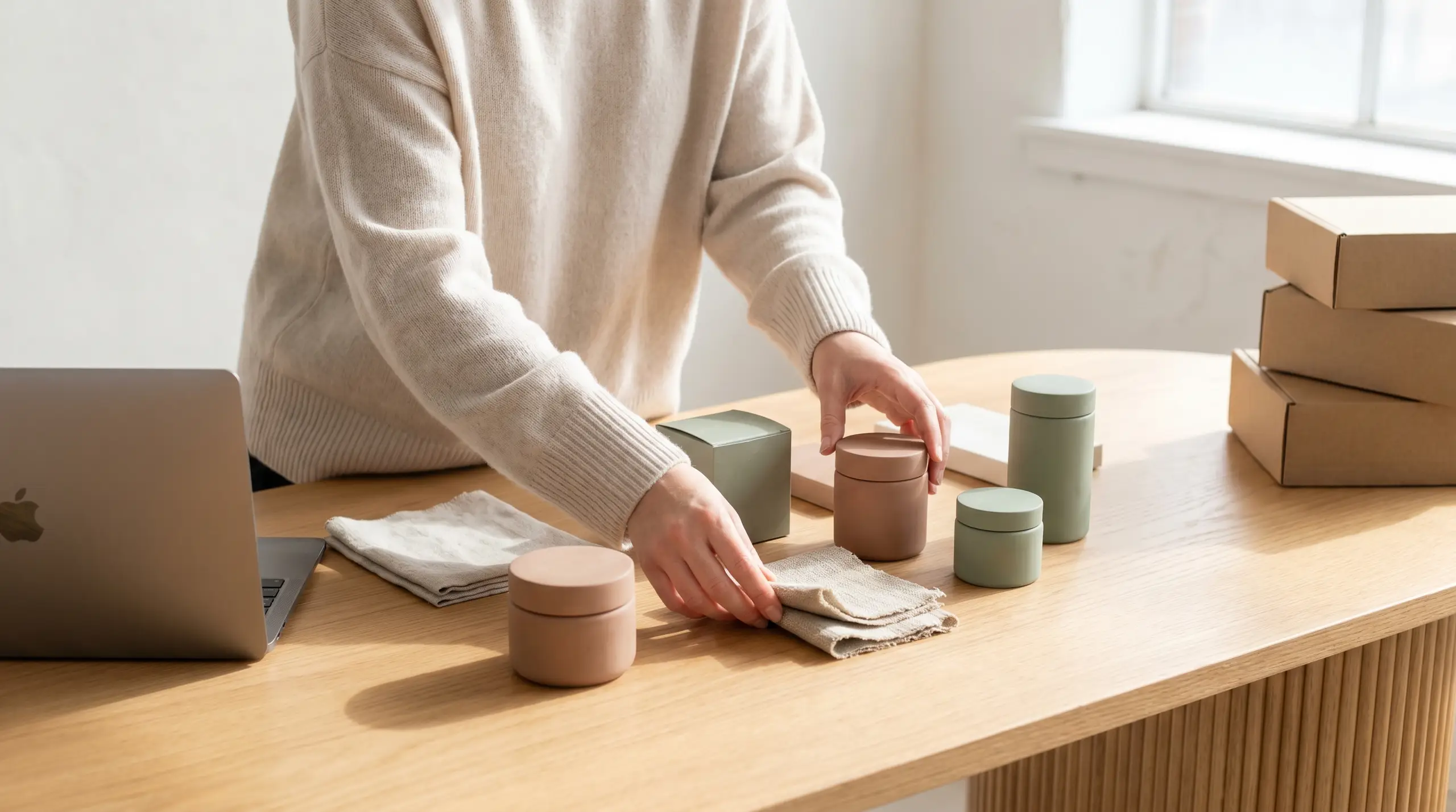 A person in a light beige sweater arranges small cylindrical containers and beige fabric on a wooden table. On the right are stacked cardboard boxes, and more matching containers sit nearby while a laptop is partially visible on the left.