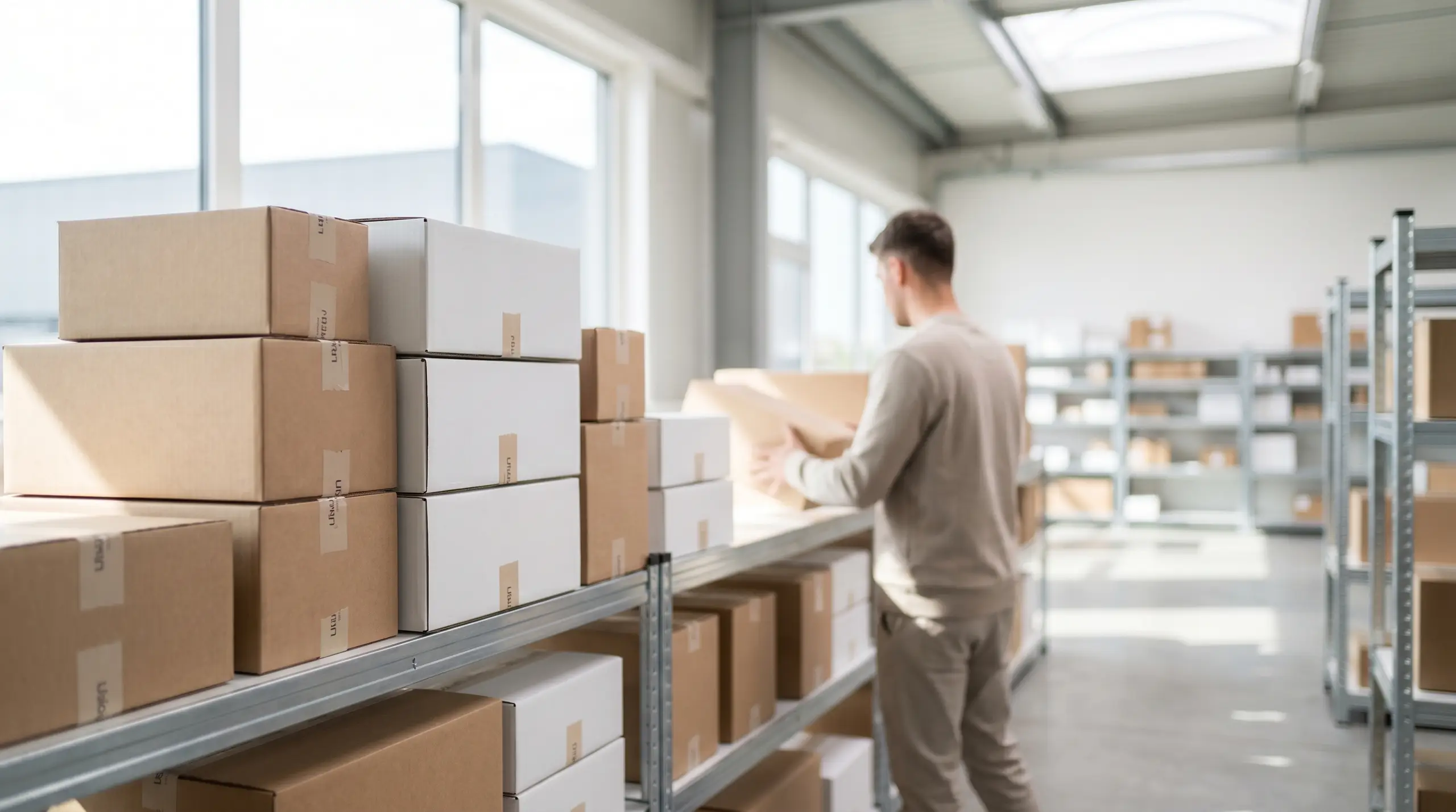A warehouse worker in a light shirt stands near metal shelves packed with stacked cardboard boxes, holding a box while working in a bright logistics facility.