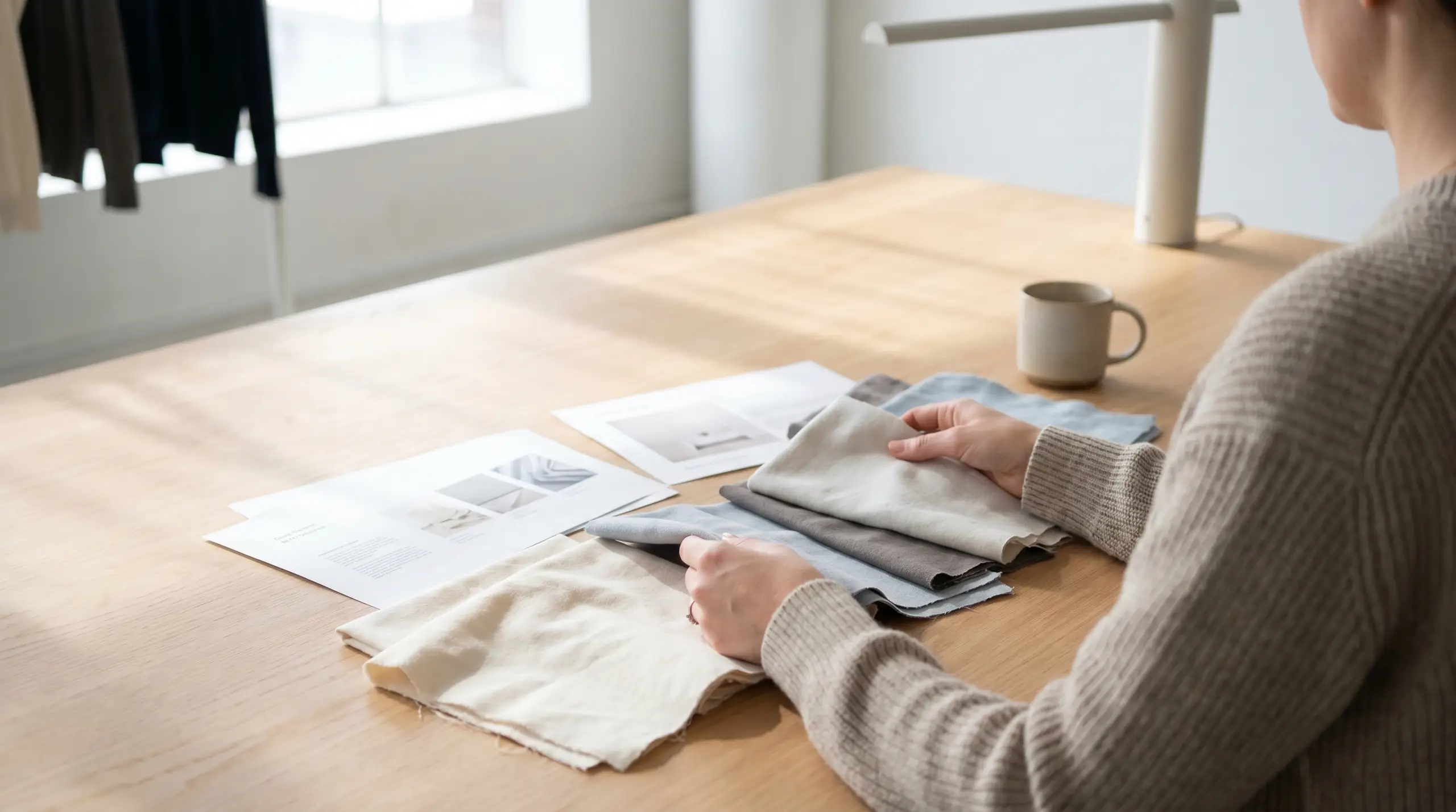 A person in a light sweater sits at a wooden table, flipping through folded fabric or paper samples laid out in front of them. A ceramic mug of coffee sits nearby, with blurred window light and a chair in the background.