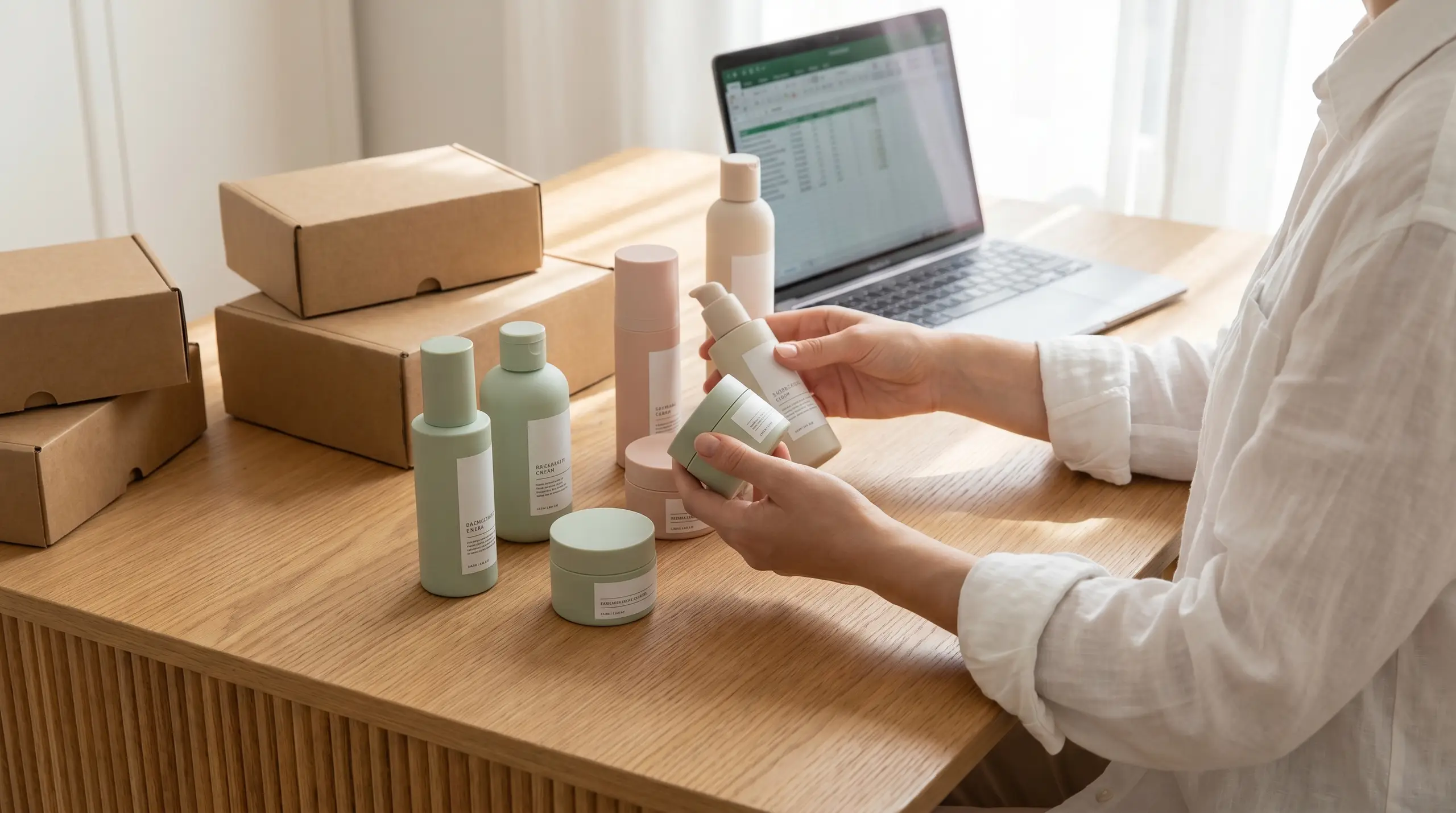 A person in a white shirt holds a small skincare bottle near a wooden table covered with pastel-colored cosmetic containers and several cardboard boxes. A laptop in the background shows a spreadsheet or order list while the hands prepare or inspect a