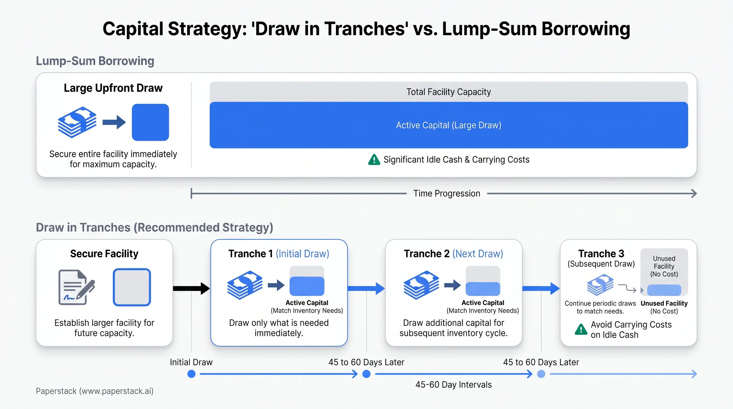 Slide titled "Capital Strategy: 'Draw in Tranches' vs. Lump-Sum Borrowing" comparing two financing approaches. Top section shows "Lump-Sum Borrowing" with "Large Upfront Draw" stating "Secure entire facility immediately for maximum capacity" and a "F