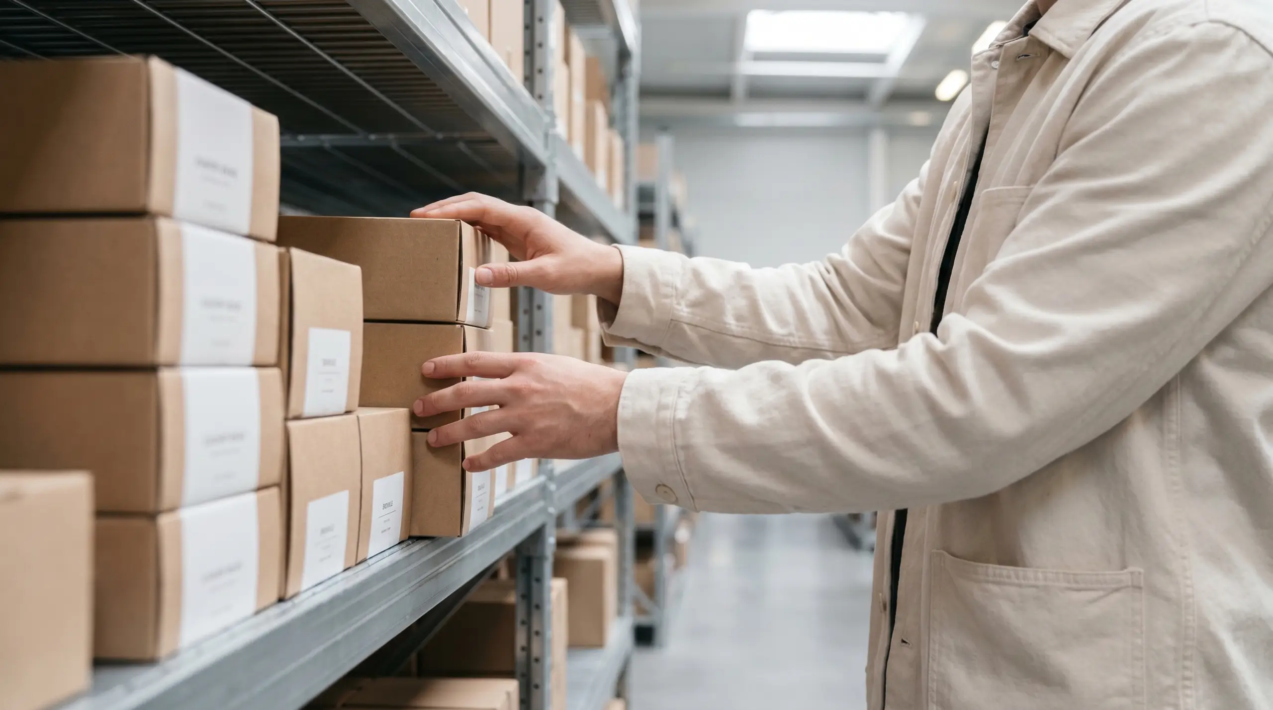 A person in a light jacket reaches to adjust and stack cardboard shipping boxes on metal warehouse shelves, with more boxes and a long aisle visible in the background.